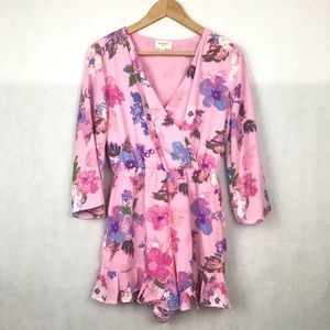 Everly Women's Size Small Boho Bohemian V-Neck Pink Floral Faux Wrap Romper